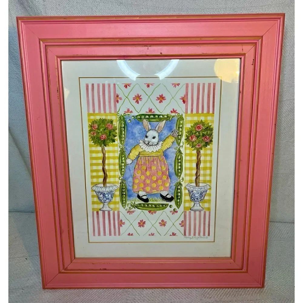 Bunny Print W Pink Frame 18” X 16” Signed By Artist Kelly B Rightsell